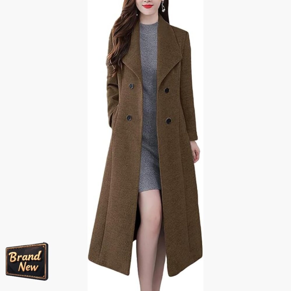 Wool Blend Pea Coat Shawl Lapel Double Breasted Winter Maxi Coat